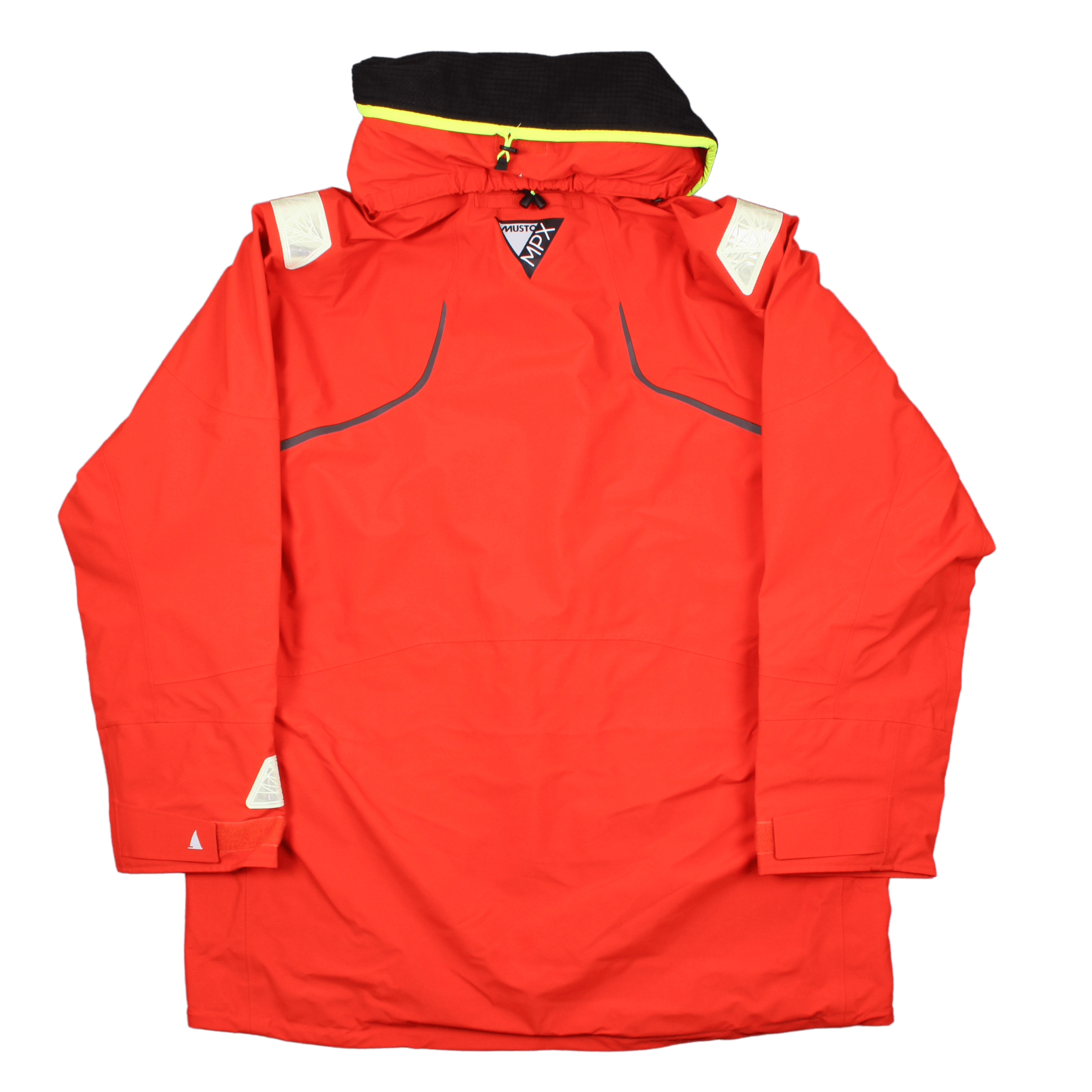 Rear view of the Musto MPX Gore-tex pro off shore jacket in Fire Orange. Showing the reflective patches on the sleeves and shoulders and the Musto branding in the centre and roll neck collar