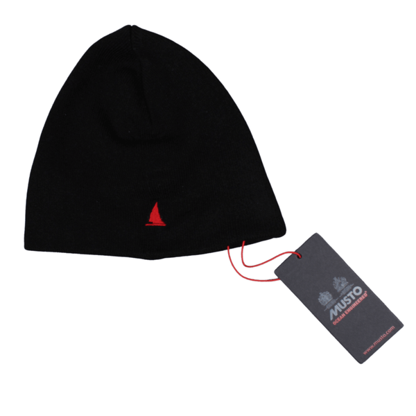 front view of the Musto beanie featuring the Red embroidered yacht logo