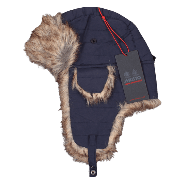 Side view of the Musto trapper hat showing the tags attached