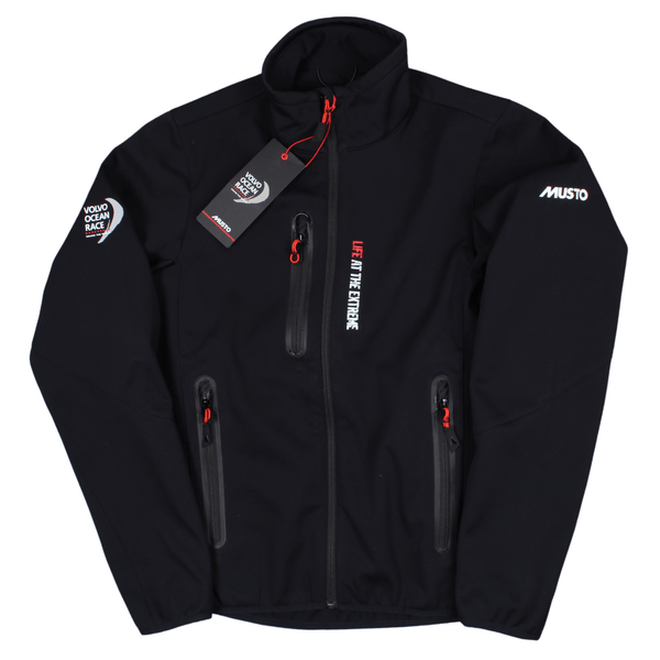 Front of the Musto Life at the extreme soft shell jacket featuring the Volvo Ocean Race branding