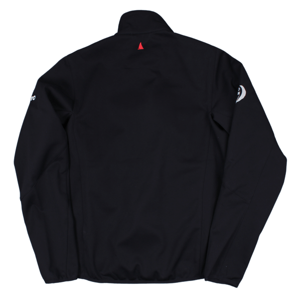 Rear view of the Musto Life At The Extreme soft shell jacket featuring the embroidered red yacht logo on the back of the neck