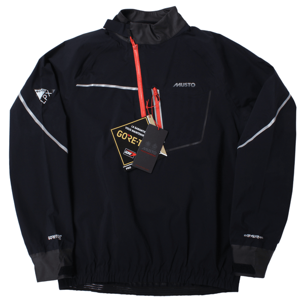 front view of the musto lpx race smock in black featuring the goretex pro and musto branding