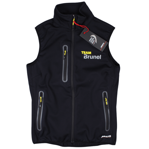 Front view of the Musto Team Brunel soft shell gilet featuring the Musto and Team Brunel branding