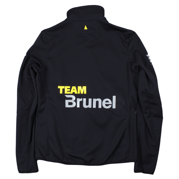 Rear view of the Musto Team Brunel soft shell jacket in Black featuring the Team Brunel branding and the Musto logo