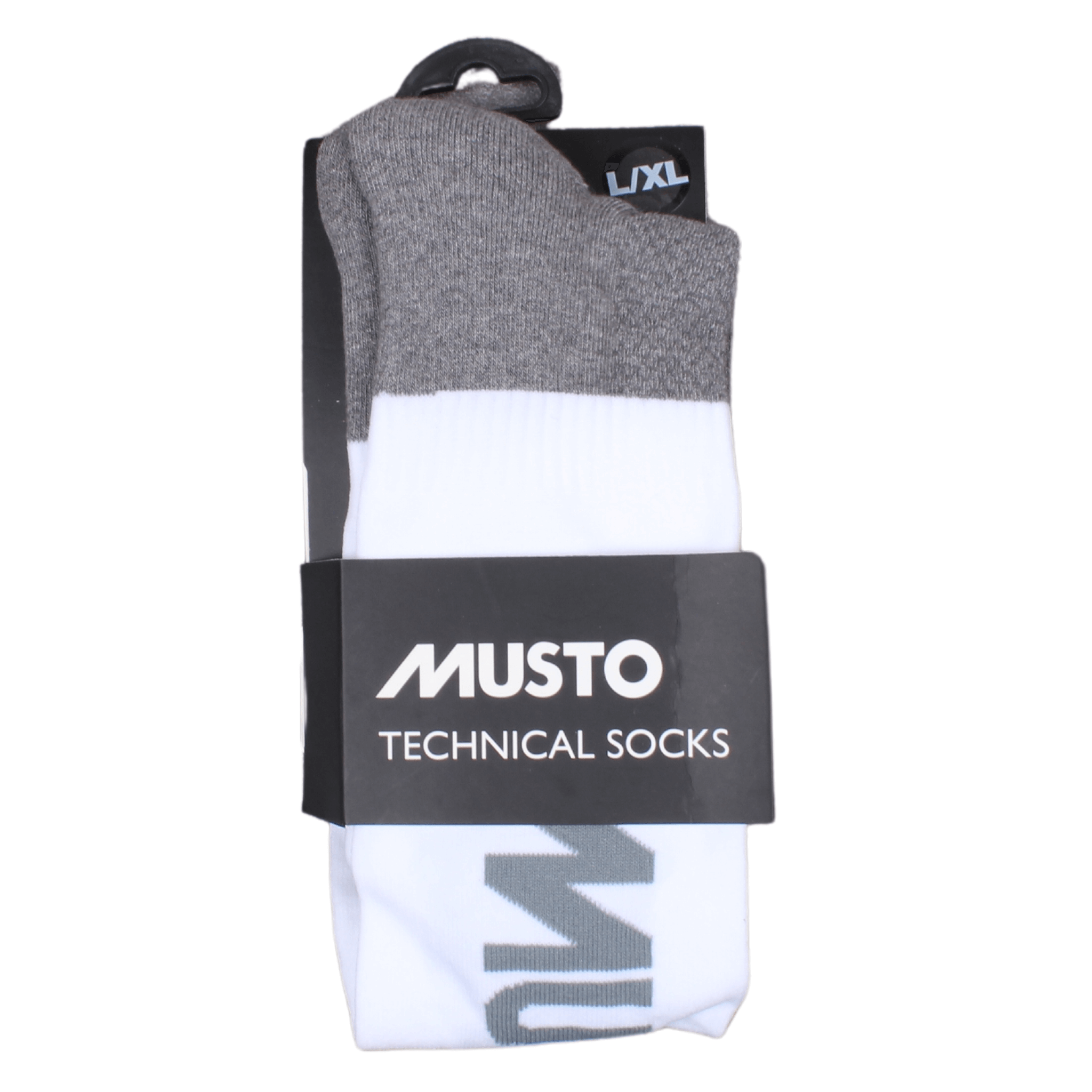 Close up view of the Musto technical socks in White showing part of the brand logo