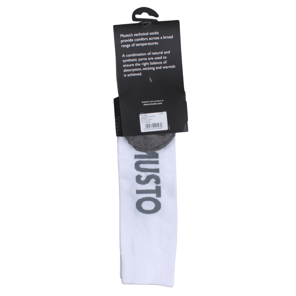 Rear view of the Musto technical socks in White showing the product description