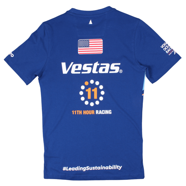 Rear view of the Musto Vestas 11th Hour Race t shirt in Blue featuring the printed branded graphics