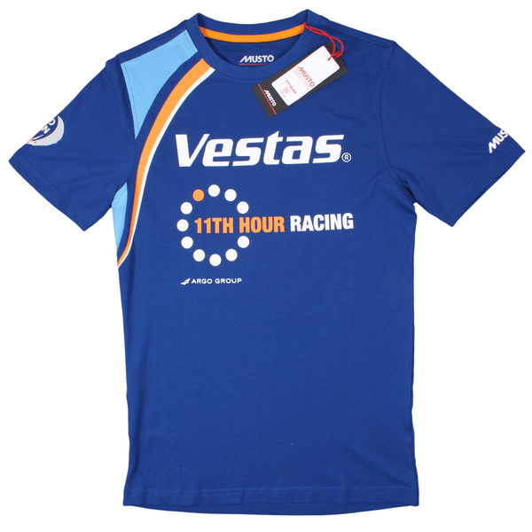 Front view of the Musto Vestas 11th Hour Race t shirt with large branding printed across the front