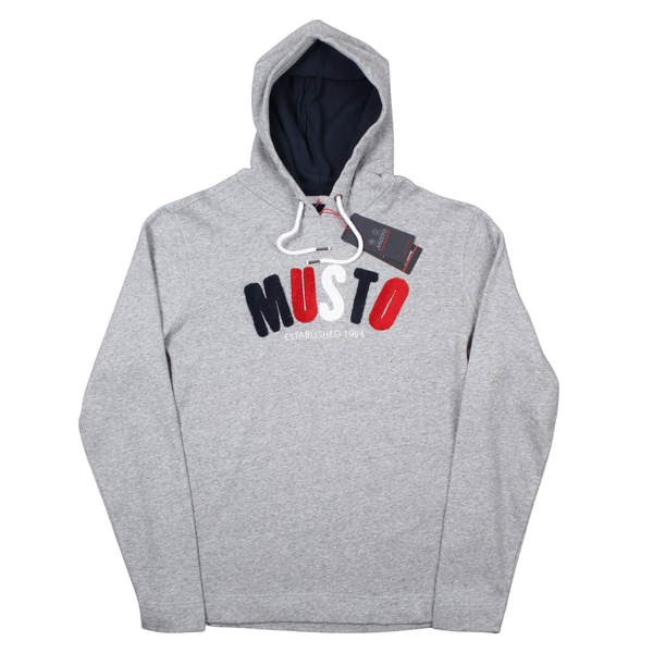 Front view of the Musto Grey Marl hoodie featuring the embroidered application logo