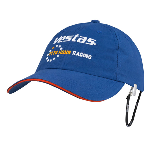 Front view of the Musto Vestas 11th Hour Race cap in Blue featuring the jacket clip